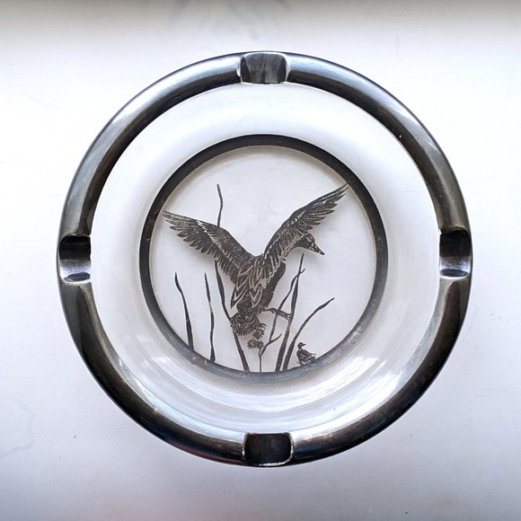 Vintage Silver City Glass Co. Sterling Silver Overlay On Crystal Ducks Ashtray - Picture 4 of 4